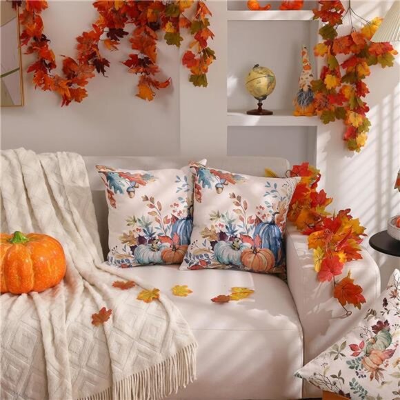 18x18 inch Set of 2 Blue and Green Watercolor Pumpkin Leaf‎ Throw Pillow Covers - Picture 3 of 6